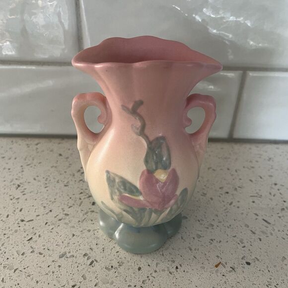 Vintage Hull Pottery Miniature Vase 5 Inches Magnolia Yellow Pink Blue Handles - Picture 3 of 7